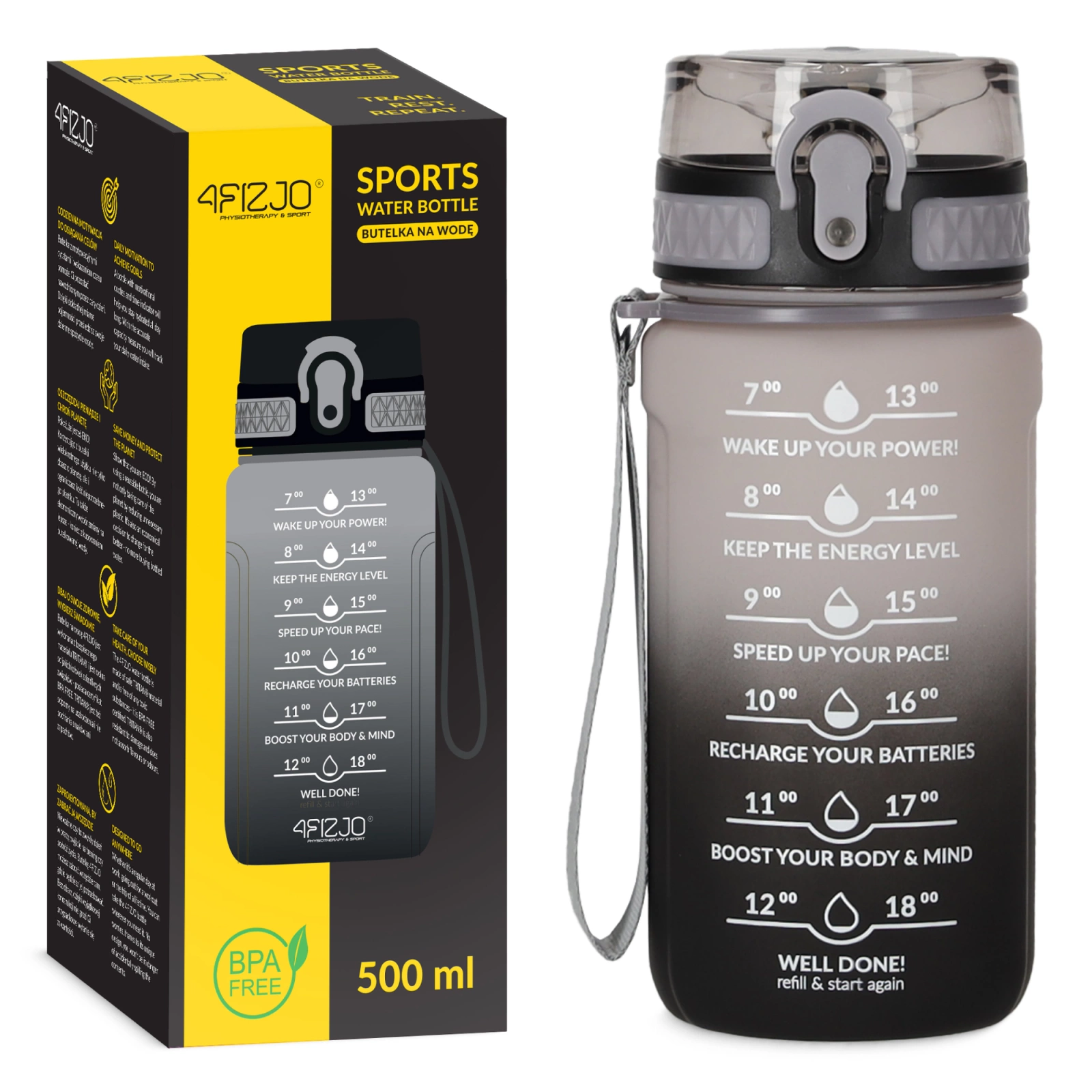 Motivational Sports Water Bottle 4FIZJO 0.5 L BPA-Free Tritan, Grey