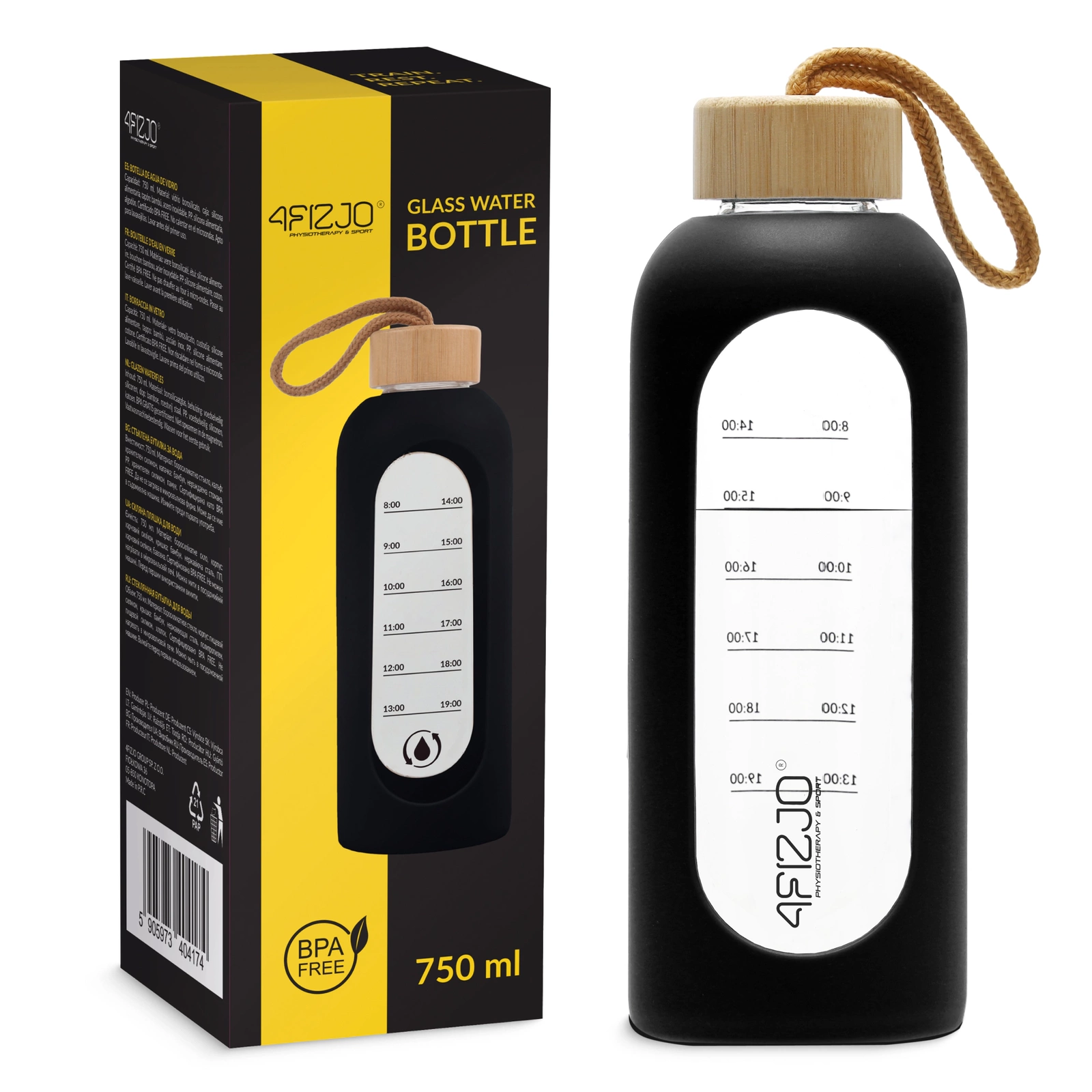 4FIZJO Reusable Glass Sports Water Bottle 750 ml, Black