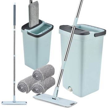 Flat mop with dual-chamber bucket and wringer, 3 microfiber pads