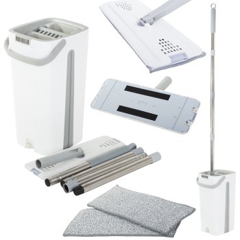 Flat mop with dual-chamber bucket and wringer, white-grey