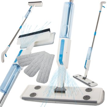 Flat mop with spray and window squeegee, 3 microfiber pads, white