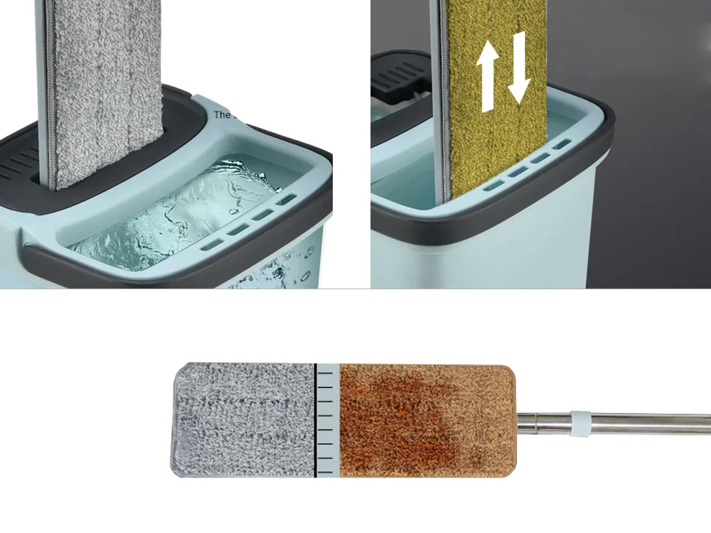 Flat mop with dual-chamber bucket and wringer, 3 microfiber pads (0)