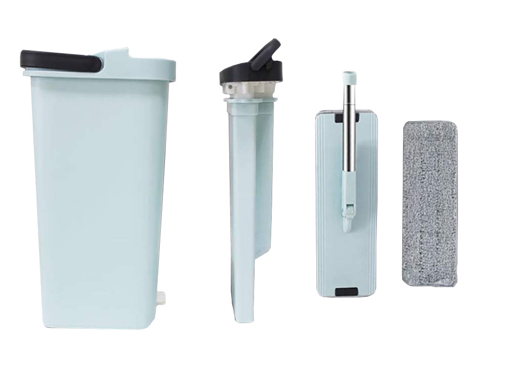 Flat mop with dual-chamber bucket and wringer, 3 microfiber pads (2)