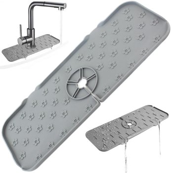 Silicone Sink Mat with Drain Grooves, 36.5×14 cm, Grey