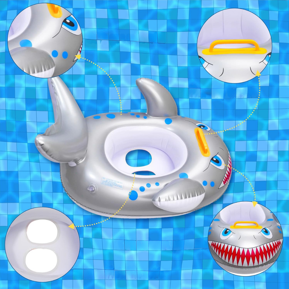 Inflatable Baby Swimming Float with Seat and Handles Shark Design, Silver (3)