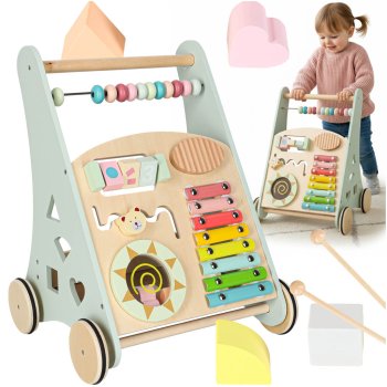 Wooden Baby Walker Push Toy with Activity Center and Abacus, Blue