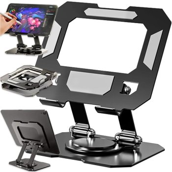 Adjustable Tablet and Phone Stand for 4-16" Devices, 360° Rotating, Black