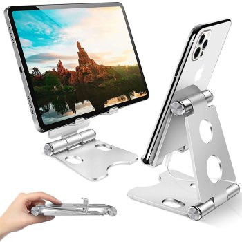 Metal phone and tablet stand with adjustable angle, silver