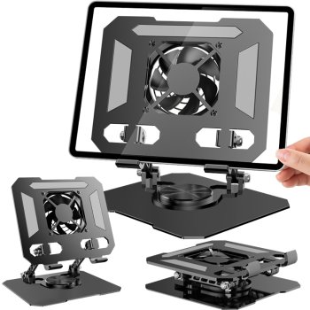 Adjustable Tablet Stand with Cooling Fan for 4-16 Inch Devices, Black