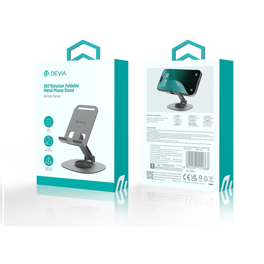 Devia EL243 Rotating Desk Stand for Phone and Tablet, 360° Adjustable, Grey (1)