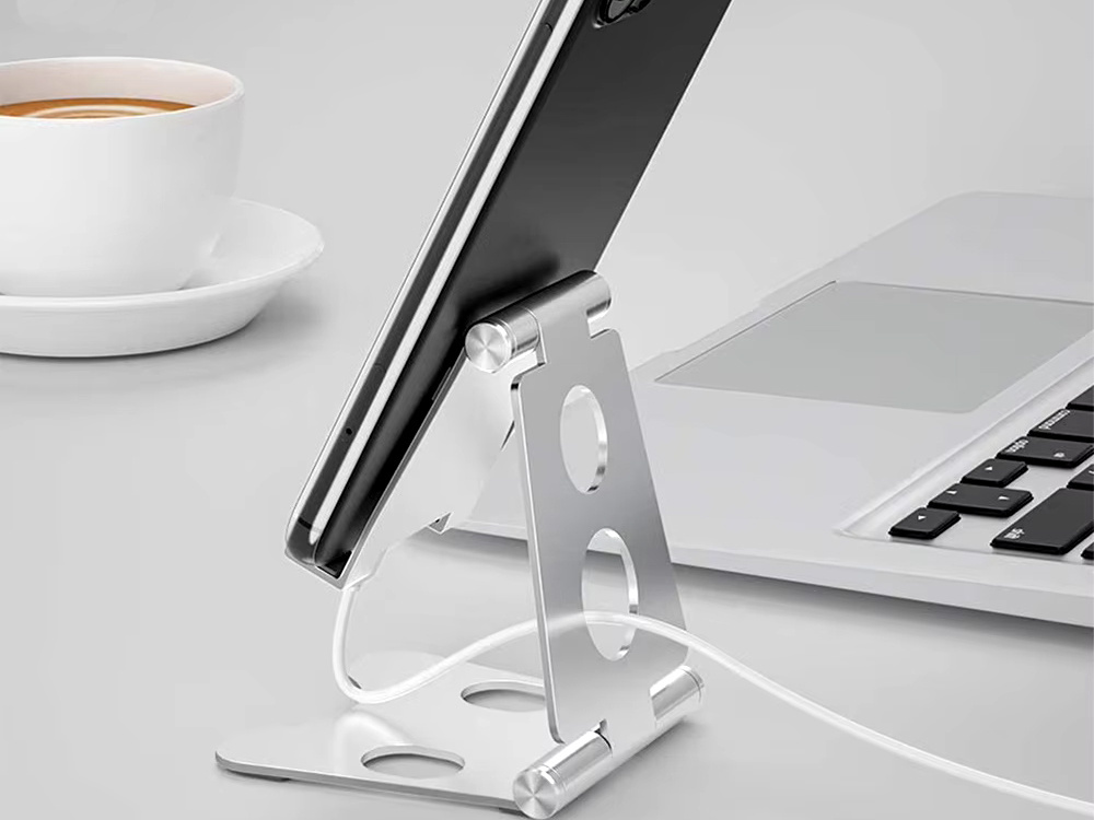 Metal phone and tablet stand with adjustable angle, silver (1)