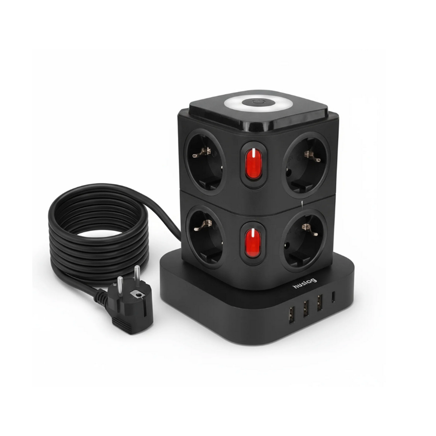 Huslog Vertical Power Strip Surge Protector with 4 Outlets, USB C and LED Night Light, black