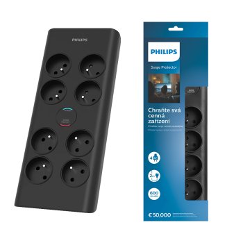 Philips Surge Protector Power Strip with 8 Outlets and 2m Heavy Duty Cord 16A, black