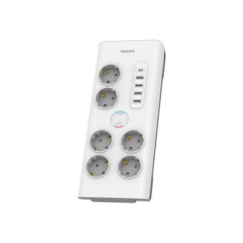 Philips Surge Protector Power Strip 6 Outlet with 4 USB-A 1 USB-C 2m Cord 16A, white