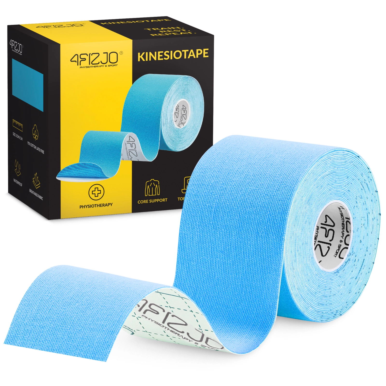 Waterproof Kinesiology Sports Tape 4FIZJO 5 cm x 5 m, Light Blue