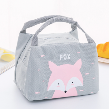 Insulated Lunch Bag with Pink Fox Print, Grey