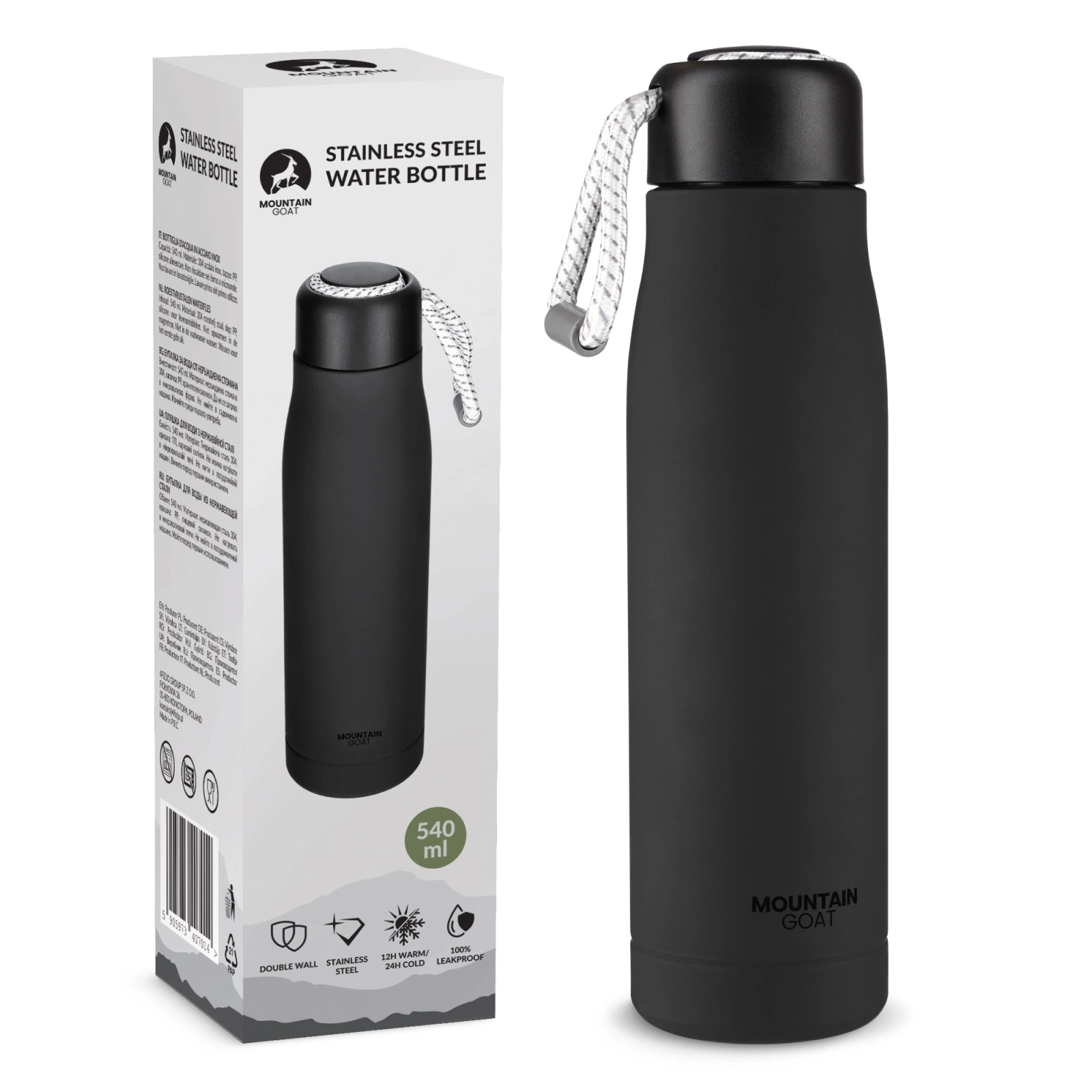 4FIZJO Insulated Water Bottle 540 ml with Carry Strap, Black