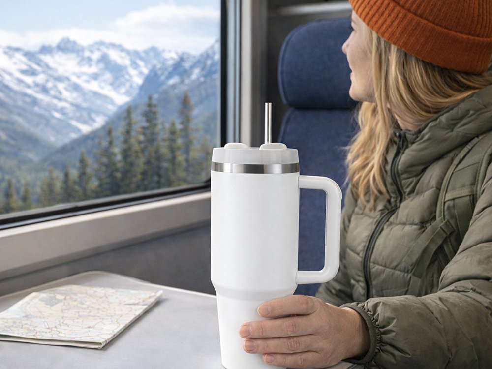 Large Insulated Tumbler with Handle and Straw 1.2L, White (1)