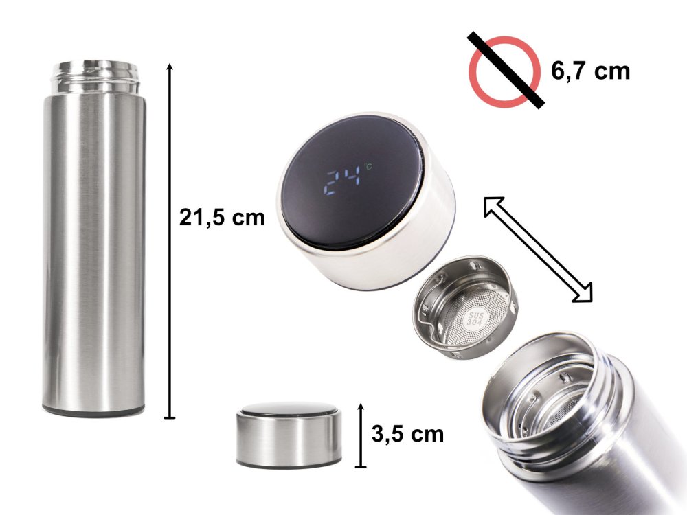 Smart Thermal Mug Bottle Thermos Flask with LCD Display and Temperature Sensor - 500ml, Silver (3)