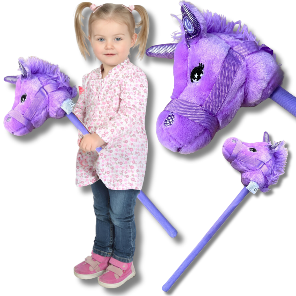 Kids Toy Plush Horse Head on Stick Hobby Horse with Sound, Purple