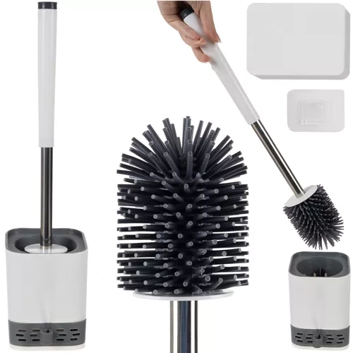Ruhhy 23808 Silicone Toilet Brush with Holder and Tweezers, White/Grey