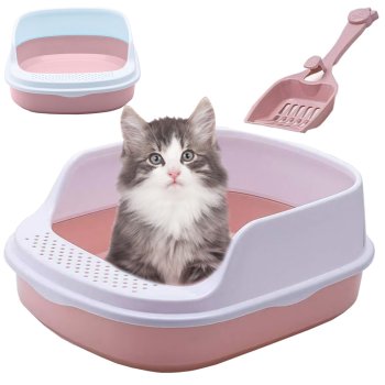 Open cat litter tray with rim and large scoop, pink