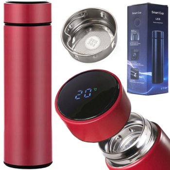 Smart Thermal Mug Bottle Thermos Flask with LCD Display and Temperature Sensor - 500ml, Red