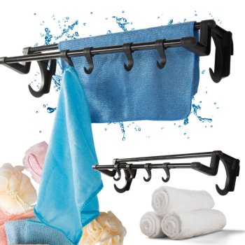 No-Drill Bathroom Towel Rack with 4 Hooks, 40cm Wall Mount, Black