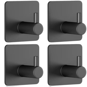 Self-Adhesive Hooks for Bathroom Wall 4 Pack, Metal Towel Hooks No Drilling, Black