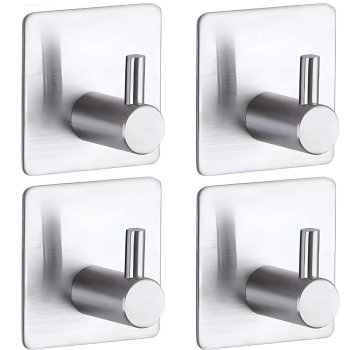 Adhesive Hooks 4 Pack, Stainless Steel Wall Hooks for Bathroom Kitchen, No Drilling, Silver
