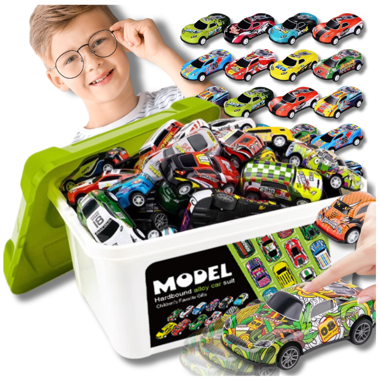 Set of 50 Metal Die-Cast Pull-Back Toy Cars in a Carrying Case for Kids