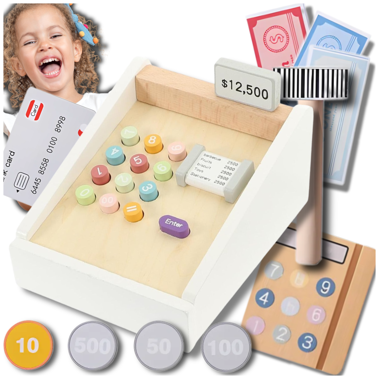 Wooden Shop Cash Register for Kids with Money Educational Toy
