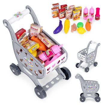 Kids Shopping Cart with 18 Piece Play Food Set for Toddlers Supermarket Fun, Gray