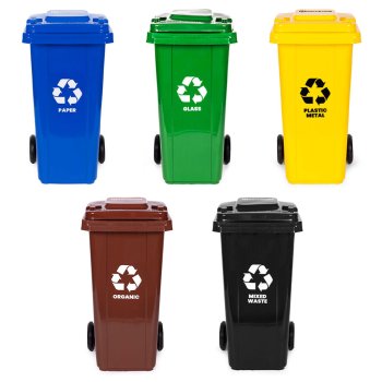 Set of 5 Waste Sorting Bins with Wheels 120L, Blue, Green, Yellow, Black, Brown