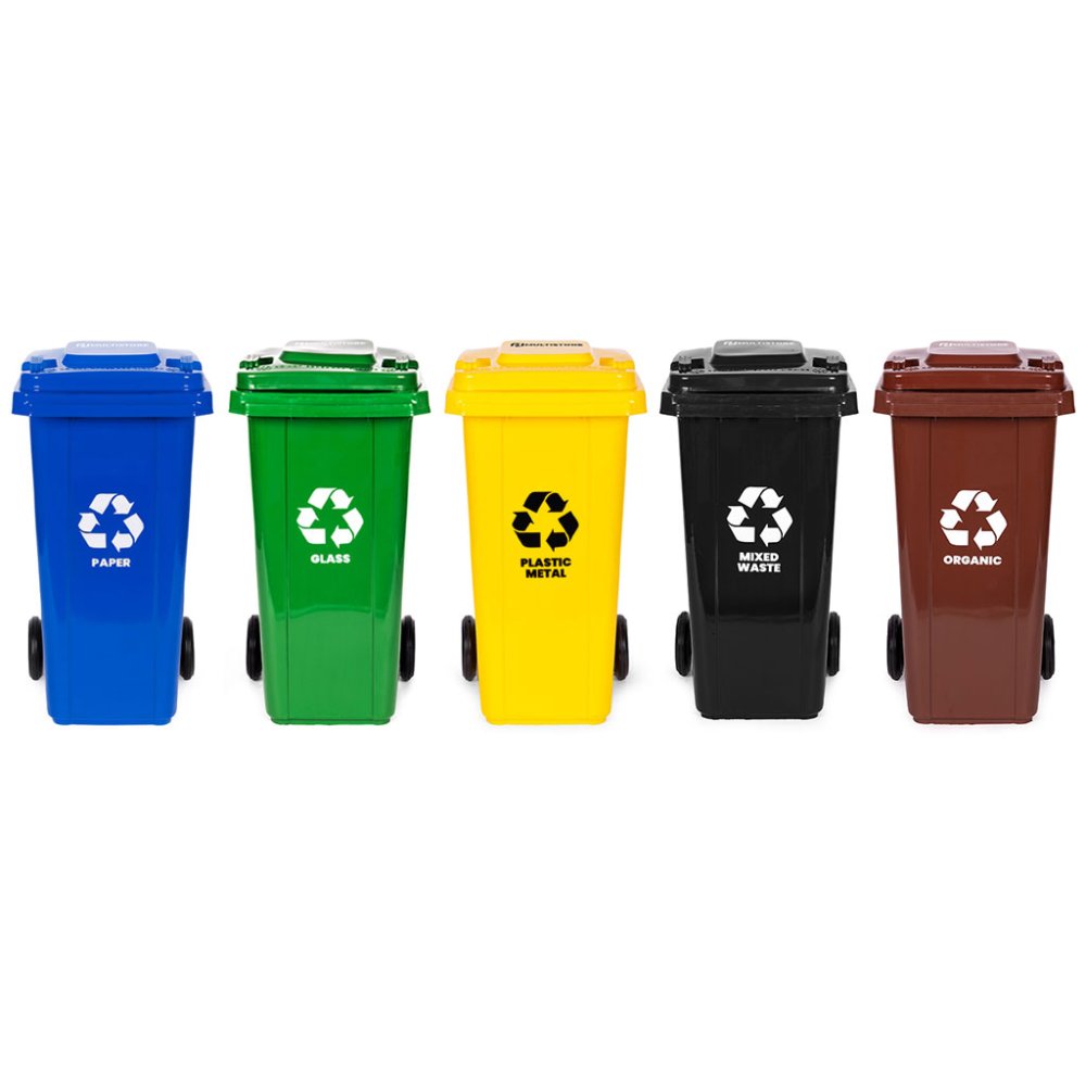 Set of 5 Waste Sorting Bins with Wheels 120L, Blue, Green, Yellow, Black, Brown (0)