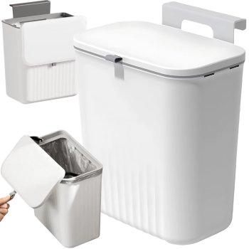 Hanging Kitchen Waste Bin with Lid for Cabinet Door 9L, White