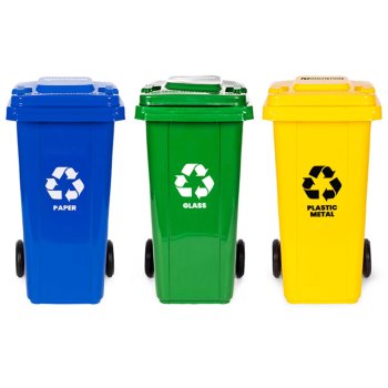 Set of 3 x 120L Recycling Bins with Wheels, Blue, Green, Yellow