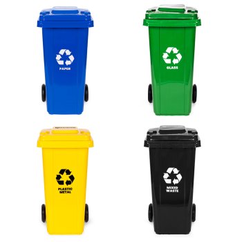 Set of 4 Waste Sorting Wheelie Bins 120L, Blue, Green, Yellow, Black