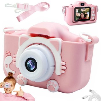 Children HD 1080P Mini Digital Camera with Games Cat, Pink