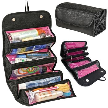 Travel roll-up cosmetic organizer bag with 4 pockets, black