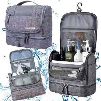 Large Hanging Travel Toiletry Bag, Waterproof Cosmetics Organizer, Unisex, Grey