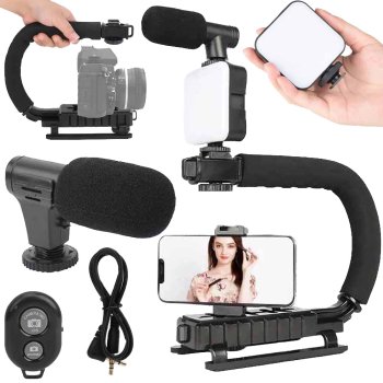 Vlogging kit with tripod, directional microphone, LED light and Bluetooth remote, black