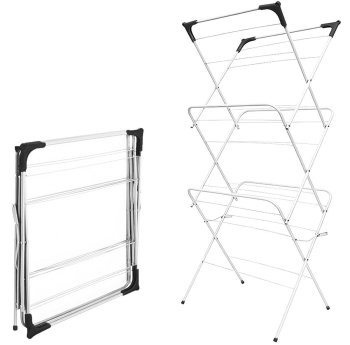 Vertical foldable clothes drying rack with 3 tiers, white-black