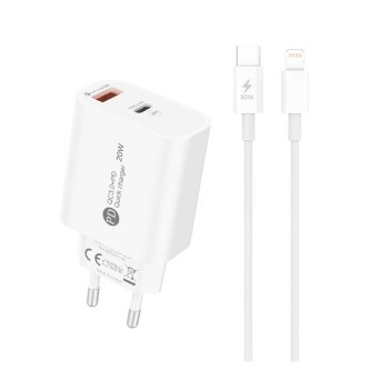 A6MaxL 20W USB-A USB-C Wall Charger with 1m USB-C - Lightning Cable - White