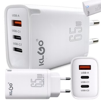 65W USB C Wall Charger with 3 Ports USB-A USB-C, Fast Power Adapter, white
