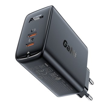 Acefast A29 2x USB Type C GaN Portable Wall Charger Adapter 50W, Black