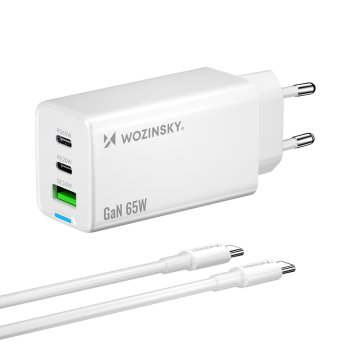 Wozinsky GaN 65W Charger with USB-A 2xUSB-C Ports with 65W USB-C Cable - White