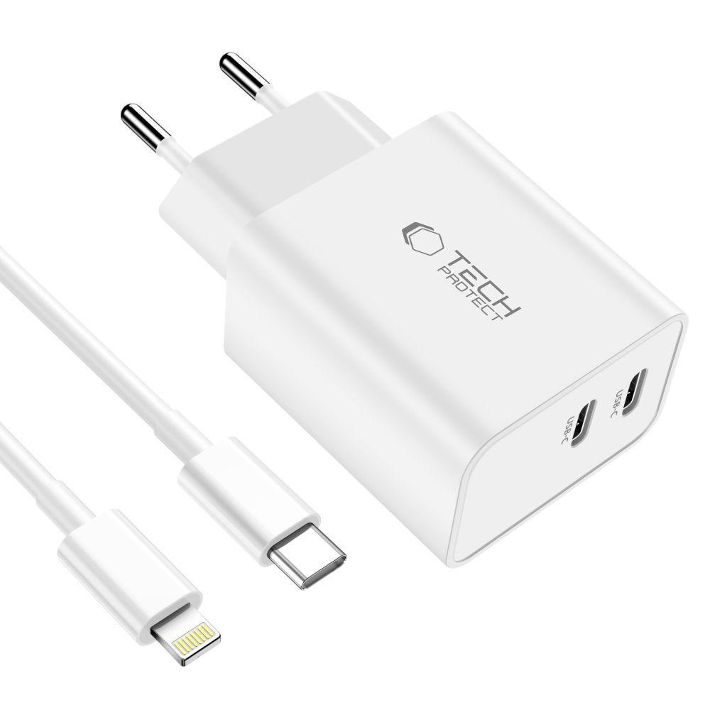 Tech-Protect C35W 2x USB-C PD 35W Wall Charger with USB-C / Lightning Cable - White (1)
