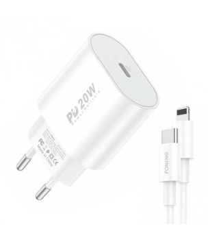 Foneng EU39 Wall Charger 20W USB Type C + Charging Data Cable ( Type C to Apple iPhone Lightning ) 3A, White