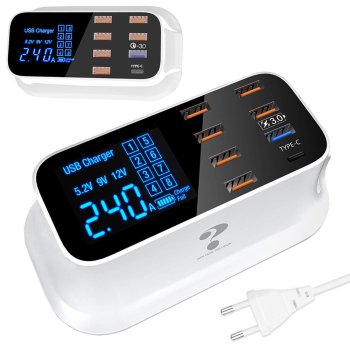 8-Port USB Fast Charging Station with QC 3.0 and USB-C, 40W, white
